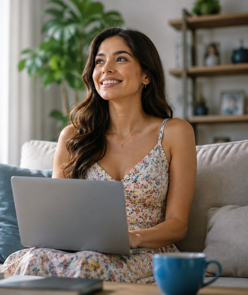 Mujer trabajando desde su hogar con Internet Fibra Movistar